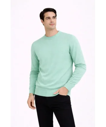 Erkek Bisiklet Yaka Triko Kazak Yumuşak Dokulu Pamuklu Ince Dokuma, Uzun Kollu Rahat Regular Kalıp - Mint Yeşili