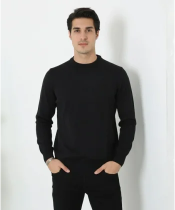 Erkek Bisiklet Yaka Triko Kazak yumuşak dokulu Pamuklu ince Dokuma, uzun kollu Rahat Regular kalıp - Siyah