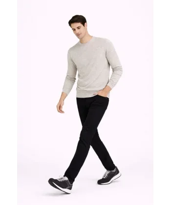 Erkek Bisiklet Yaka Triko Kazak Yumuşak Dokulu Pamuklu Ince Dokuma, Uzun Kollu Rahat Regular Kalıp - Bej