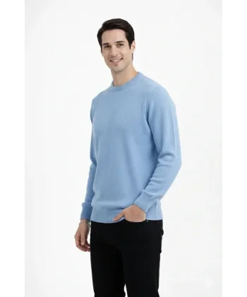 Erkek Bisiklet Yaka Triko Kazak Yumuşak Dokulu Pamuklu Ince Dokuma, Uzun Kollu Rahat Regular Kalıp - Açık Mavi