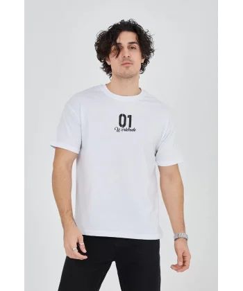 Erkek Bisiklet Yakalı Baskılı T-Shirt - Beyaz