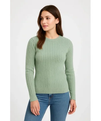 Erkek Bisiklet Yuvarlak Yaka Triko Kazak Pamuklu Kalın Fitilli Dokuma, Regular Fit Uzun Kollu Kışlık Model - Mint Yeşili