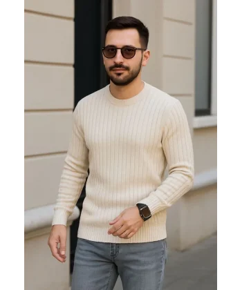 Erkek Bisiklet Yuvarlak Yaka Triko Kazak Pamuklu Kalın Fitilli Dokuma, Regular Fit Uzun Kollu Kışlık Model - Bej