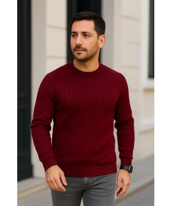 Erkek Bisiklet Yuvarlak Yaka Triko Kazak Pamuklu Kalın Fitilli Dokuma, Regular Fit Uzun Kollu Kışlık Model - Bordo