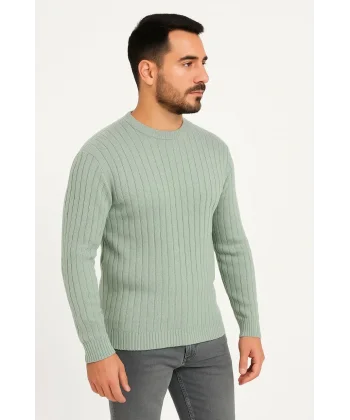 Erkek Bisiklet Yuvarlak Yaka Triko Kazak Pamuklu Kalın Fitilli Dokuma, Regular Fit Uzun Kollu Kışlık Model - Mint Yeşili