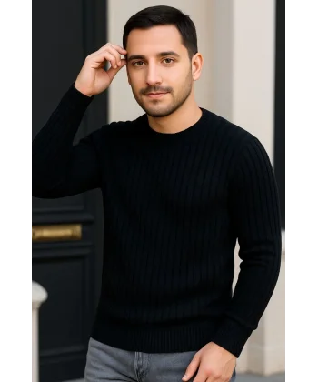 Erkek Bisiklet Yuvarlak Yaka Triko Kazak Pamuklu Kalın Fitilli Dokuma, Regular Fit Uzun Kollu Kışlık Model - Siyah