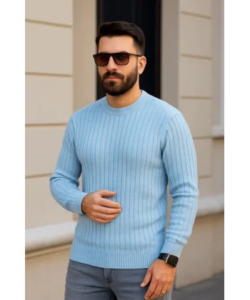 Erkek Bisiklet Yuvarlak Yaka Triko Kazak Pamuklu Kalın Fitilli Dokuma, Regular Fit Uzun Kollu Kışlık Model - Bebe Mavisi