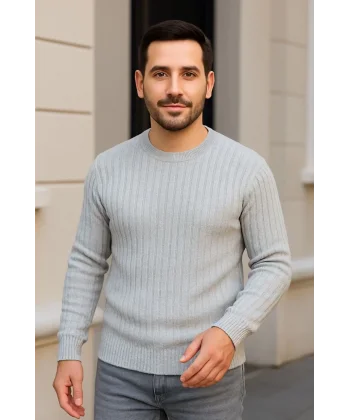 Erkek Bisiklet Yuvarlak Yaka Triko Kazak Pamuklu Kalın Fitilli Dokuma, Regular Fit Uzun Kollu Kışlık Model - Gri