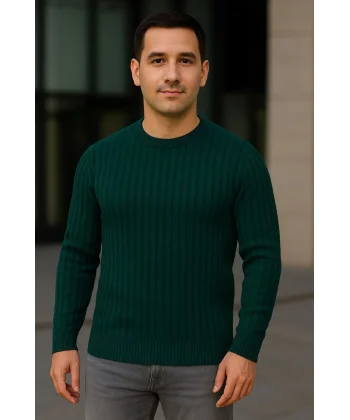 Erkek Bisiklet Yuvarlak Yaka Triko Kazak Pamuklu Kalın Fitilli Dokuma, Regular Fit Uzun Kollu Kışlık Model - Haki