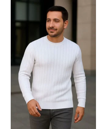 Erkek Bisiklet Yuvarlak Yaka Triko Kazak Pamuklu Kalın Fitilli Dokuma, Regular Fit Uzun Kollu Kışlık Model - Beyaz