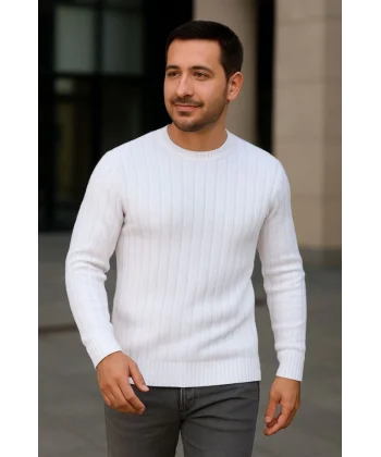 Erkek Bisiklet Yuvarlak Yaka Triko Kazak Pamuklu Kalın Fitilli Dokuma, Regular Fit Uzun Kollu Kışlık Model - Beyaz