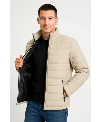 Erkek Bomber Mont Ceket – Su İtici Kumaş, Kapitone Astarlı, Fermuarlı, Kışlık - Bej