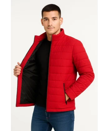 Erkek Bomber Mont Ceket – Su İtici Kumaş, Kapitone Astarlı, Fermuarlı, Kışlık - Kırmızı