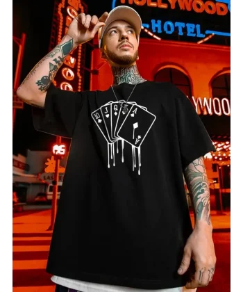 Erkek Büyük Beden Kart Baskılı Düz Renk Kısa Kollu Bisiklet Yaka Tişört Gündelik Giyim - Siyah