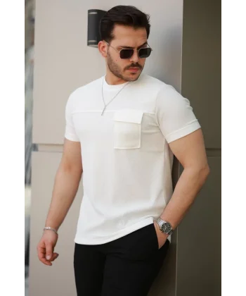 Erkek Cepli Kolyeli Kısa Kollu örme Kumaş T-shirt