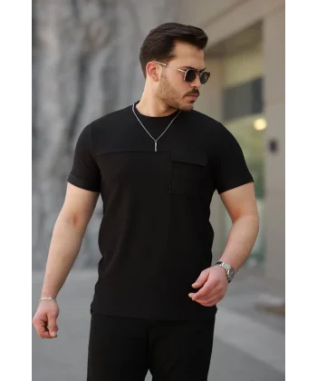 Erkek Cepli Kolyeli Kısa Kollu örme Kumaş T-shirt