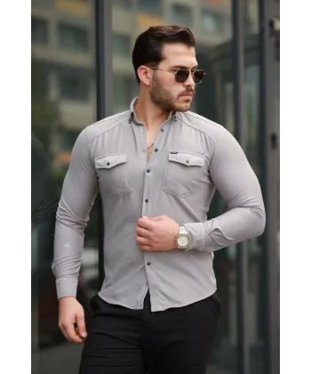 Erkek çift Cepli çıtçıt Düğmeli Uzun Kollu Gömlek