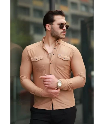 Erkek çift Cepli çıtçıt Düğmeli Uzun Kollu Gömlek