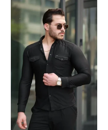 Erkek çift Cepli çıtçıt Düğmeli Uzun Kollu Gömlek
