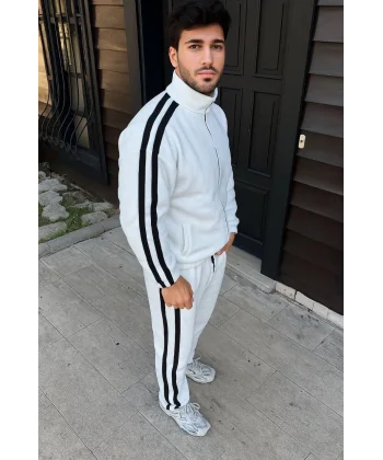 Erkek Çift Şeritli Eşofman Takım Dik Yaka Fermuarlı Sweatshirt Boru Paça Alt, Oversize 3 iplik Pamuklu - Beyaz