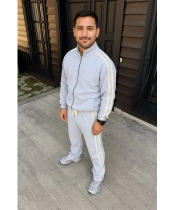 Erkek Çift Şeritli Eşofman Takım Dik Yaka Fermuarlı Sweatshirt Boru Paça Alt, Oversize 3 iplik Pamuklu - Gri