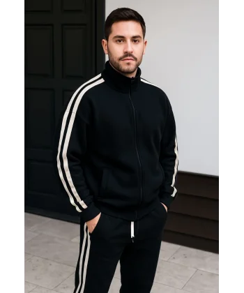 Erkek Çift Şeritli Eşofman Takım Dik Yaka Fermuarlı Sweatshirt Boru Paça Alt, Oversize 3 iplik Pamuklu - Siyah