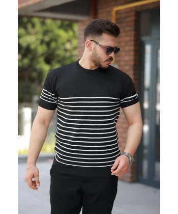 Erkek çizgi Desenli Bisiklet Yaka Kısa Kollu T-sihrt