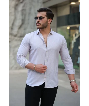 Erkek çizgi Desenli Uzun Kollu Pamuklu Keten Gömlek