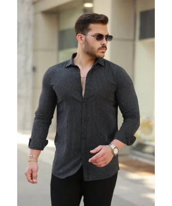 Erkek çizgi Desenli Uzun Kollu Pamuklu Keten Gömlek