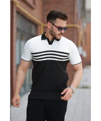 Erkek çizgi Desenli Yakalı Kısa Kollu T-shirt