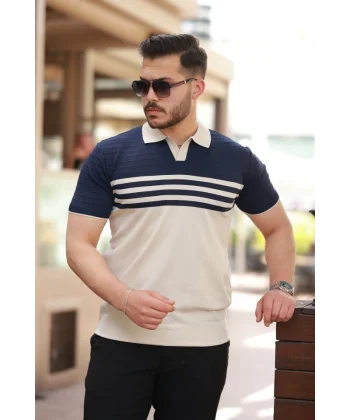 Erkek çizgi Desenli Yakalı Kısa Kollu T-shirt