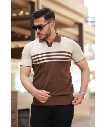 Erkek çizgi Desenli Yakalı Kısa Kollu T-shirt