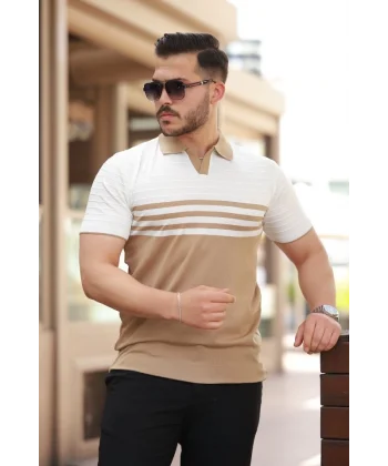 Erkek çizgi Desenli Yakalı Kısa Kollu T-shirt