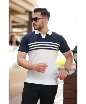 Erkek çizgi Desenli Yakalı Kısa Kollu T-shirt