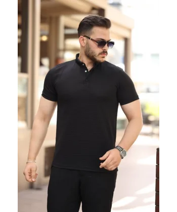 Erkek çizgi Dokulu çıtçıt Yakalı Kısa Kollu T-shirt