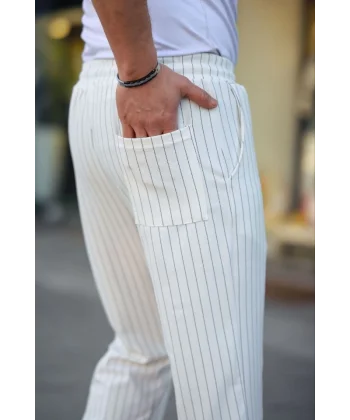 Erkek Cizgili Dokuma Krep Jogger Buggy Pantalon Rahat Kalıp - Beyaz