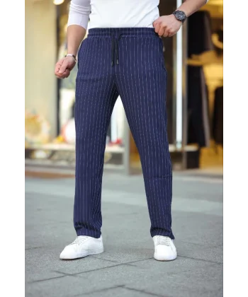 Erkek Cizgili Dokuma Krep Jogger Buggy Pantalon Rahat Kalıp - Lacivert
