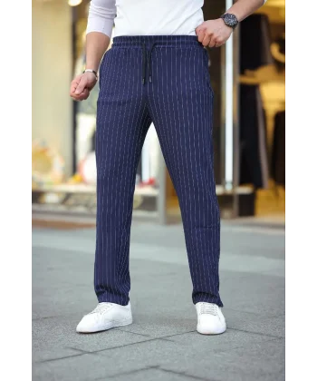 Erkek Cizgili Dokuma Krep Jogger Buggy Pantalon Rahat kalıp - Lacivert