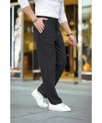 Erkek Cizgili Dokuma Krep Jogger Buggy Pantalon Rahat kalıp - Siyah
