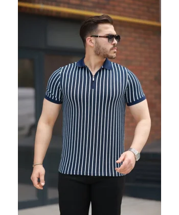 Erkek çizgili Fermuar Yakalı Kısa Kollu Tişört