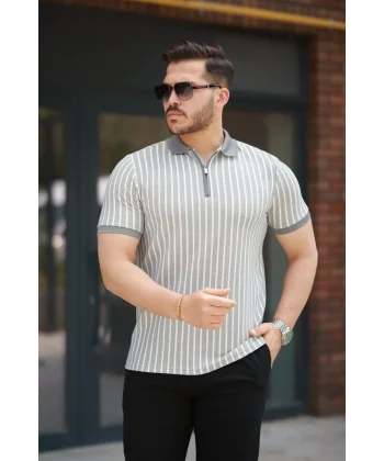Erkek çizgili Fermuar Yakalı Kısa Kollu Tişört
