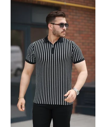 Erkek çizgili Fermuar Yakalı Kısa Kollu Tişört