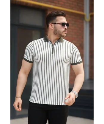Erkek çizgili Fermuar Yakalı Kısa Kollu Tişört