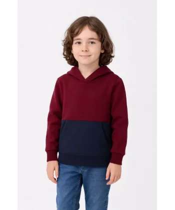 Erkek Çocuk Kapüşonlu Kanguru Cepli Parçalı SweatShirt - Renkli