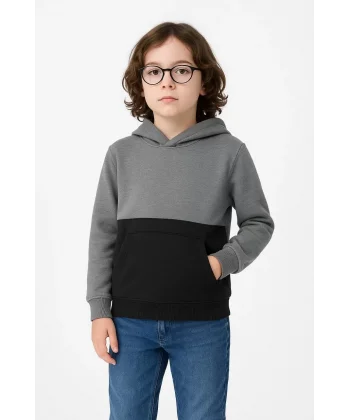 Erkek Çocuk Kapüşonlu Kanguru Cepli Parçalı SweatShirt - Renkli