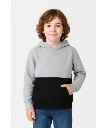 Erkek Çocuk Kapüşonlu Kanguru Cepli Parçalı SweatShirt - Renkli