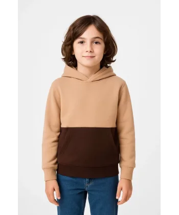 Erkek Çocuk Kapüşonlu Kanguru Cepli Parçalı SweatShirt - Renkli