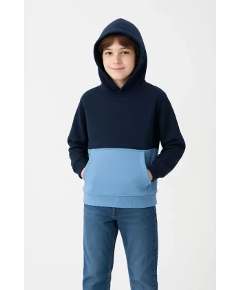 Erkek Çocuk Kapüşonlu Kanguru Cepli Parçalı SweatShirt - Renkli