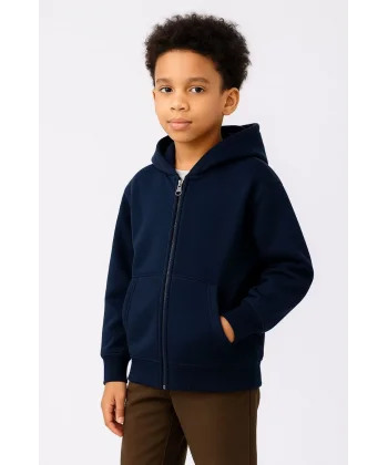 Erkek Çocuk Kapüşonlu Kanguru Çepli Tam Fermuarlı Hırka SweatShirt - Lacivert