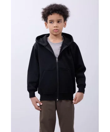 Erkek Çocuk Kapüşonlu Kanguru Çepli Tam Fermuarlı Hırka SweatShirt - Siyah